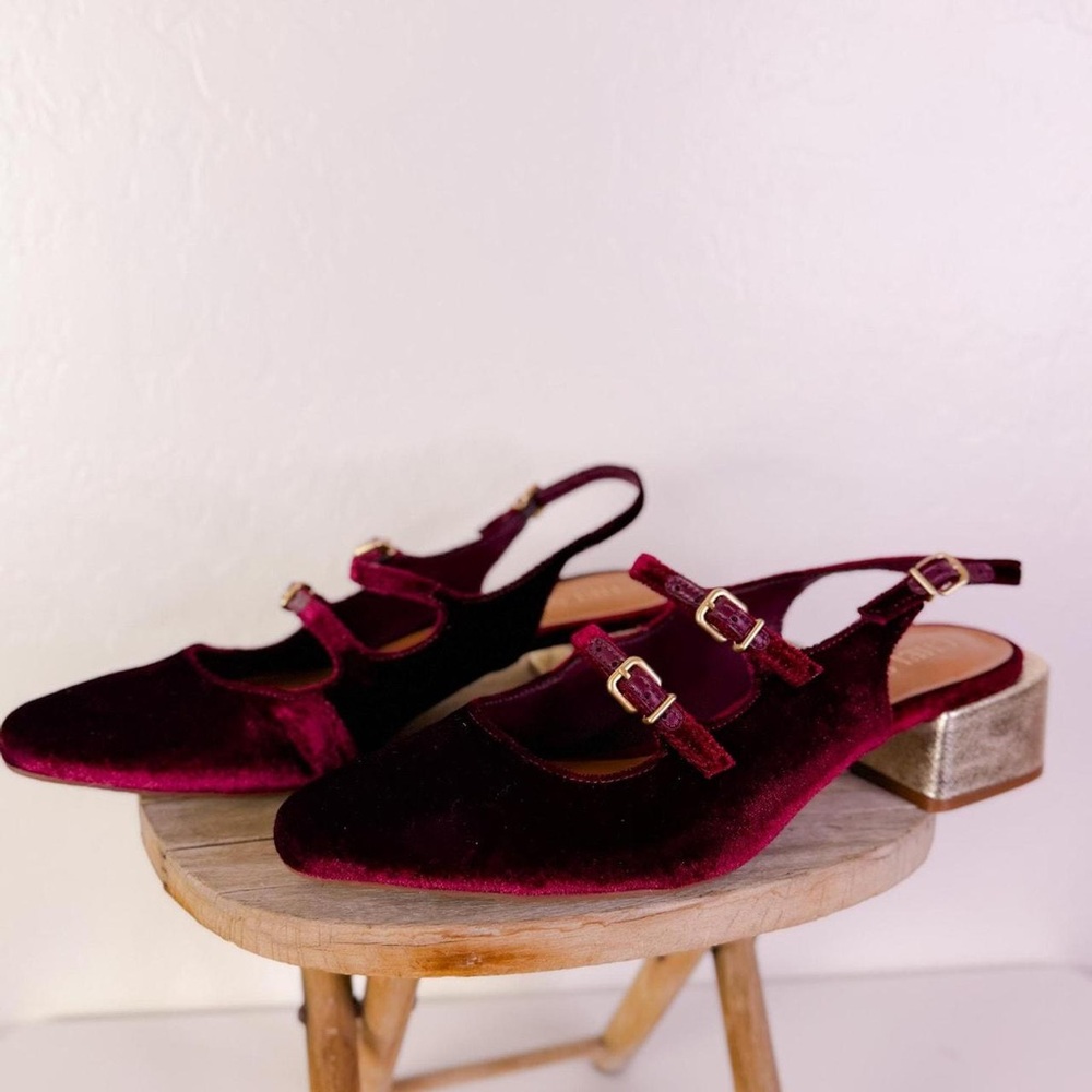 Chelsea & Violet Burgundy Velvet Heels with Gold Accents - Picture 3 of 7